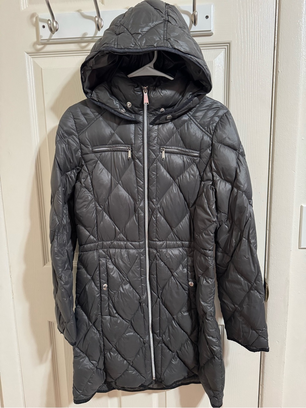 Michael Kors Quilted Hooded Long Puffer Coat - Dark Gray